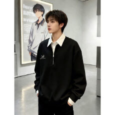 假两件拼接刺绣POLO衫闲仔翻领卫衣男女春秋季半拉链无帽上衣