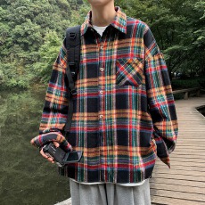 批发涤棉格子】<b class='q'>春</b>秋黑衣宽松格子衬衫外套男设计感小众港味上衣ins潮