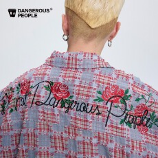 批发后背刺绣春秋黑衣格子玫瑰宽松休闲百搭翻领<b class='q'>长袖</b>衬衫男<b class='q'>情侣</b><b class='q'>外套</b>