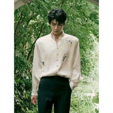 批发飞鹤苏绣刺绣】新中式潮协会立领男女衬衫高级宽松复古国风男上衣