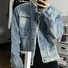 批发【毛边水洗渐变色牛仔美式国<b class='q'>潮</b>复古毛边设计感水洗外套男宽松夹克