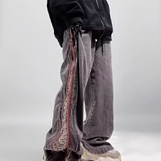 批发【高街重工大拉链撕边牛仔<b class='q'>裤</b>复古MAX做旧男<b class='q'>欧美</b>宽松直筒显瘦痞帅