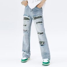 水洗破洞迷彩牛仔裤男MAX宽松直筒休闲宽松长裤子潮流情侣同款
