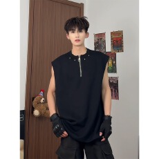 批发半拉链衣锐铆钉设计坎肩背心男夏高级感<b class='q'>t</b><b class='q'>恤</b>慵懒风<b class='q'>运动</b>休闲老头衫