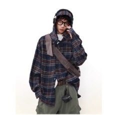 批发美式十八撞色格子连帽长袖<b class='q'>衬衫</b><b class='q'>男生</b>春秋潮流宽松休闲百搭<b class='q'>衬衣</b>外套