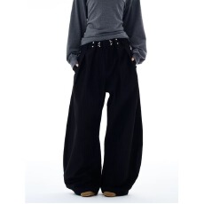 批发<b class='q'>美式</b>淘惑复古褶皱设计男女竖条纹阔腿宽松直筒<b class='q'>休闲</b>长裤弯刀西裤