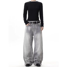 批发【水洗磨白猫须美式OOTD复古阔腿牛仔裤高个子垂感长裤直筒<b class='q'>裤子</b>