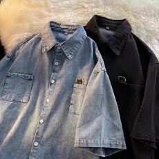 批发【牛仔衬衫复古国潮宽松五分袖衬衣韩版潮流百搭潮牌短袖上<b class='q'>衣外套</b>