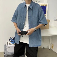 批发美式国潮高街高级感小众<b class='q'>牛仔</b>短袖衬衫男女夏季潮牌宽松水洗外套潮