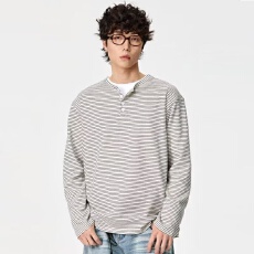 批发【原版条纹布<b class='q'>潮牌</b>131复古条纹亨利领长袖<b class='q'>T</b><b class='q'>恤</b>男宽松情侣休闲上衣