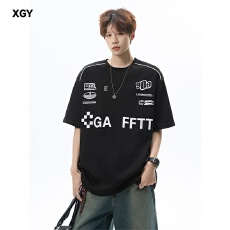 批发夏季乡郎<b class='q'>新款</b>宽松短袖t恤男机车服潮流字母印花半袖上衣服