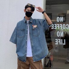 批发高质量】五分袖几何方领ins百搭夏季原宿衬衫男新款日常青<b class='q'>春</b>流行