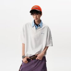 假两件polo衫格子揭潮坊短袖t恤男夏季潮牌美式复古拼接衬衫领