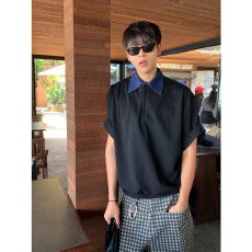 假两件polo衫夏季揭潮坊短袖男宽松翻领带领t恤纯色休闲上衣