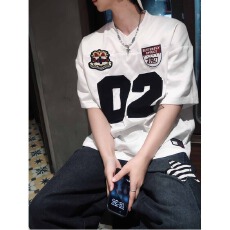 批发原版球衣面料印花+刺绣】数字黑衣徽章V领短袖球服男夏季短宽<b class='q'>T</b><b class='q'>恤</b>