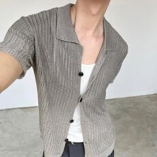 批发2026揭潮坊新款夏季复古麻花纹针织短袖衬衫男女宽松休闲衬衣ins