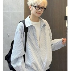 批发【假两件条纹衬衫】<b class='q'>男</b>前卫2026春秋季熟<b class='q'>男</b>穿搭休闲立领衬衣轻熟风