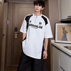 批发美式乡郎球衣风机车服T恤<b class='q'>男</b>款夏季半拉链无领polo衫短袖痞帅半袖