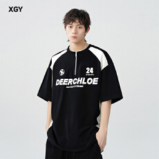 批发美式乡郎球衣风机车服T恤<b class='q'>男</b>款夏季半拉链无领polo衫短袖痞帅半袖