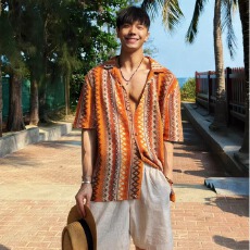 批发民族风十八先生编织撞色古巴领衬衫设计度假复古<b class='q'>男</b>女休闲短袖上衣