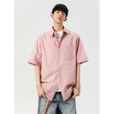 批发泡泡纱】格子美邦衬衫<b class='q'>男</b>夏季薄款透气短袖衬衣多巴胺穿搭情侣外套