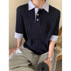 批发老钱风黑衣假两件绞花针织短袖男夏季薄款polo衫t恤美式半截袖