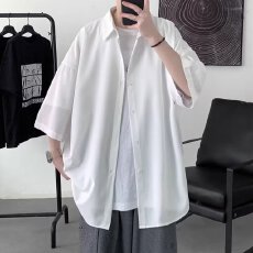 批发夏季经典高级感青春校园纯色短袖衬衫男女宽松休闲休闲中性白衬衣