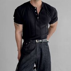 批发【亨利领针织短袖2026魔方修身短袖半开襟圆领上衣透气男T恤