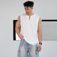 批发美式街头小众半拉链背心设计纯色坎肩背心男士宽松休闲无袖T恤夏