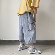 批发<b class='q'>夏</b>季淘潮薄款工装裤男潮牌宽松直筒休闲七分裤子松紧腰阔腿牛仔裤