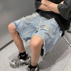 批发泼墨富博破洞牛仔短裤男女<b class='q'>夏</b>季高街美式痞帅毛边宽松五分裤子中裤