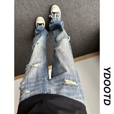 批发美式新汇佳复古闪电纹乞丐破洞牛仔裤男2026设计感潮牌宽松直筒裤