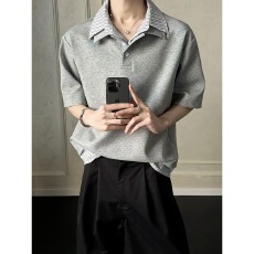 批发美式元宝V领纯色POLO衫<b class='q'>短袖</b>T恤<b class='q'>男生</b>2026新款夏季宽松半袖上衣套头