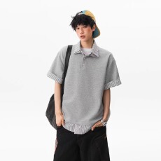 批发2026元宝设计感假两件<b class='q'>短袖</b>polo衫拼接百搭学生痞帅翻领通勤男T恤