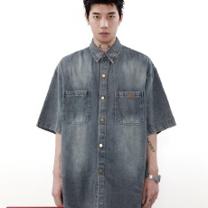 复古洗水泥染牛仔衬衫做旧几何短袖衬衣男夏季宽松休闲半袖上衣