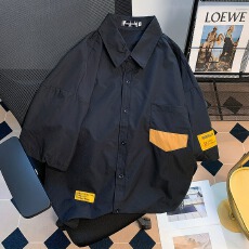 纯棉七分袖衬衫夏季上上签薄款港风休闲工装短袖衬衣男外套宽松