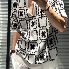 提花冰感针织男装發財设计款时尚休闲百搭V领舒适短袖T恤上衣夏