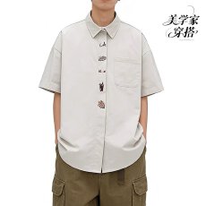 批发刺绣锦涤邹】<b class='q'>休闲</b>乐盛兴短袖<b class='q'>衬衫</b><b class='q'>男</b>女新款夏季学院风宽松<b class='q'>衬衣</b>外套