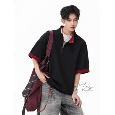 批发曼巴棉解构常青树撞色拼接翻领POLO衫短袖<b class='q'>男</b>夏宽松休闲通勤<b class='q'>T</b><b class='q'>恤</b>