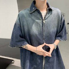 批发夏季几何短袖<b class='q'>衬衫</b>男日系潮牌渐变牛仔<b class='q'>衬衣</b>宽松大码五分袖慵懒寸衫