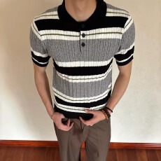 批发短袖魔王男polo衫夏季休闲针织<b class='q'>T</b><b class='q'>恤</b><b class='q'>男士</b>时尚修身黑白条纹<b class='q'>翻领</b>上衣