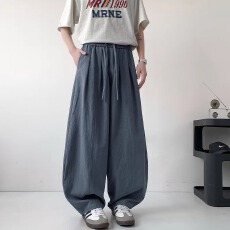 批发美式聚潮复古夏季棉麻纯色<b class='q'>中国风</b>弯刀裤男休闲大码阔腿裤长裤情侣