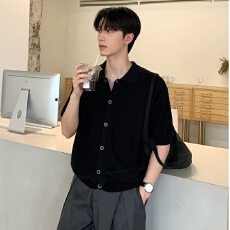 批发【洗水针织p36港风二浩复古男士翻领<b class='q'>衬衫</b>休闲短袖免烫<b class='q'>商务</b>休闲风