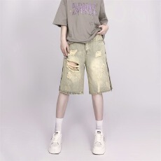 批发夏季高街班街头潮流复古破洞<b class='q'>牛仔</b><b class='q'>短裤</b><b class='q'>男</b>女泥黄洗水拉链做旧五分裤