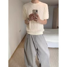 批发夏季淘潮男士短袖半袖绞花圆领透气纯棉<b class='q'>商务</b><b class='q'>休闲</b>T恤针织衫上衣