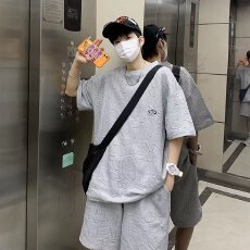 批发【套装华夫格新款揭潮坊五分裤原宿文艺五分袖休闲慵懒<b class='q'>夏</b>季T恤男