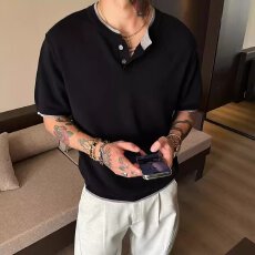 批发假两件针织衫】亨利领好朋友正肩短袖男夏季拼接潮牌痞帅半袖毛衣