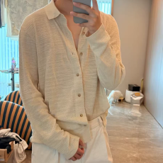 批发【亚麻冰丝<b class='q'>衬衫</b>】老钱风帝衣阁新贵松弛感针织<b class='q'>长袖</b>杏色<b class='q'>衬衫</b>外套男
