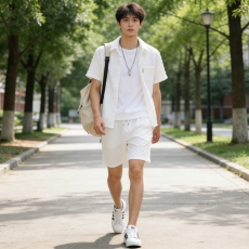 批发泡泡纱套装】<b class='q'>夏</b>季大鱼冰丝短袖衬衫五分短裤一整套运动休闲两件套