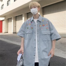 批发牛仔衬衫】艺术感潮乐汇<b class='q'>夏</b>季中式废土风宽松薄款潮牌痞帅日系衬衣